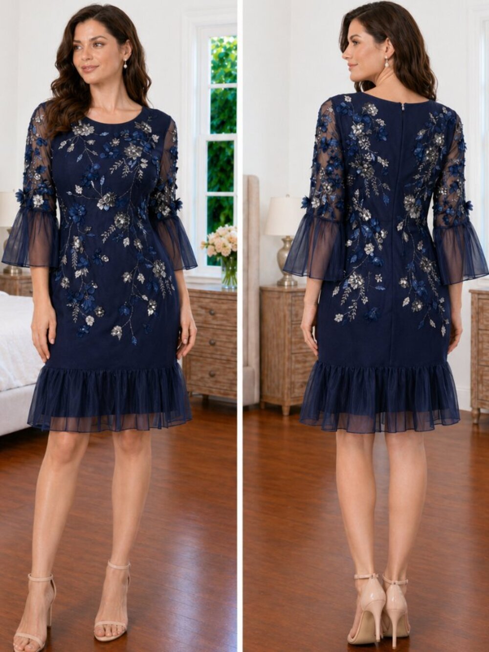 Marchesa Notte Navy Blue Tunic-Cut 3D Flowers Cocktail Dress $795